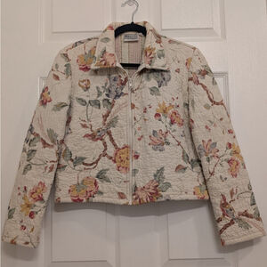 Women's Cottagecore Beige Floral Bird Quilted Jacket XS Grandma Boxy Coat